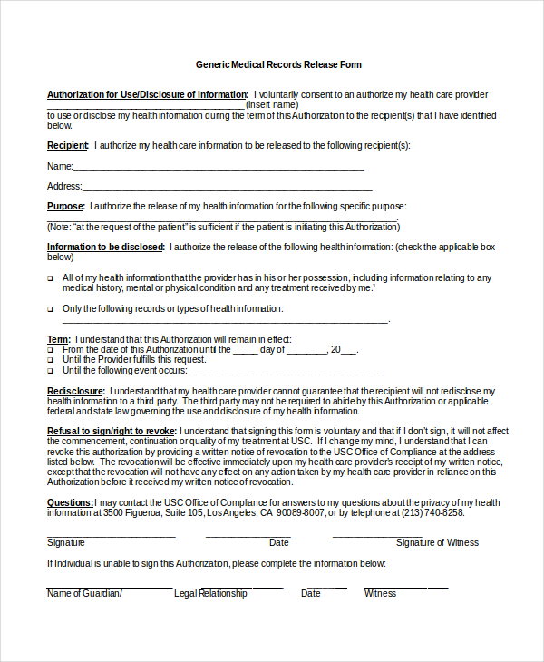 Medical Records Release Form Generic Request Template  Pdf