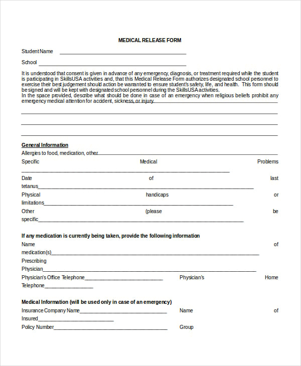 student medical release form example