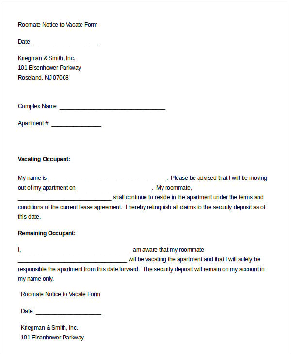 roomate notice to vacate form in word