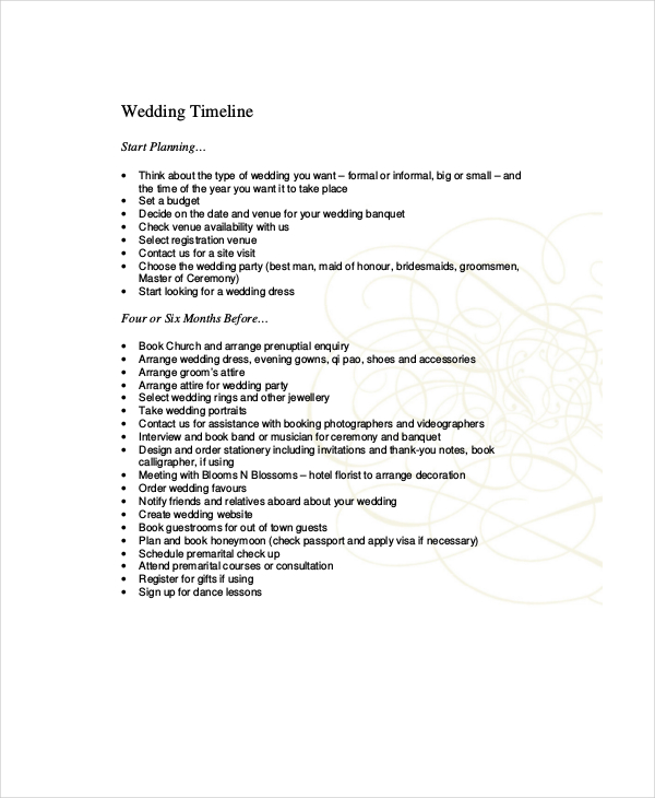 sample wedding timeline