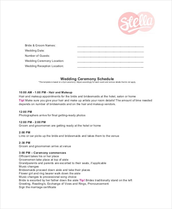 wedding ceremony schedule format