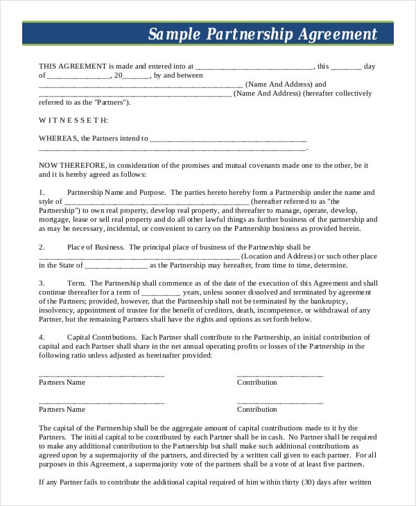 sample small business partnership agreement template