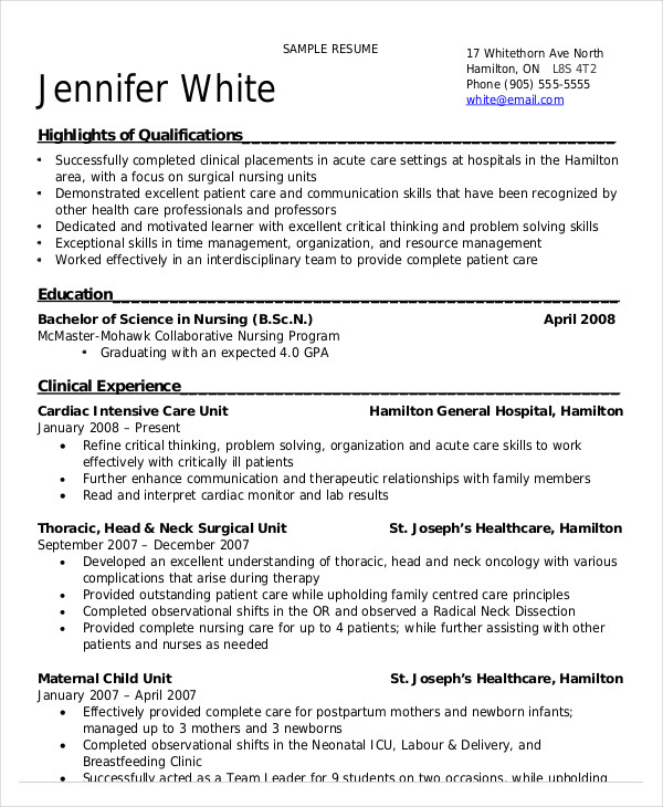 resume for nursing school admissions