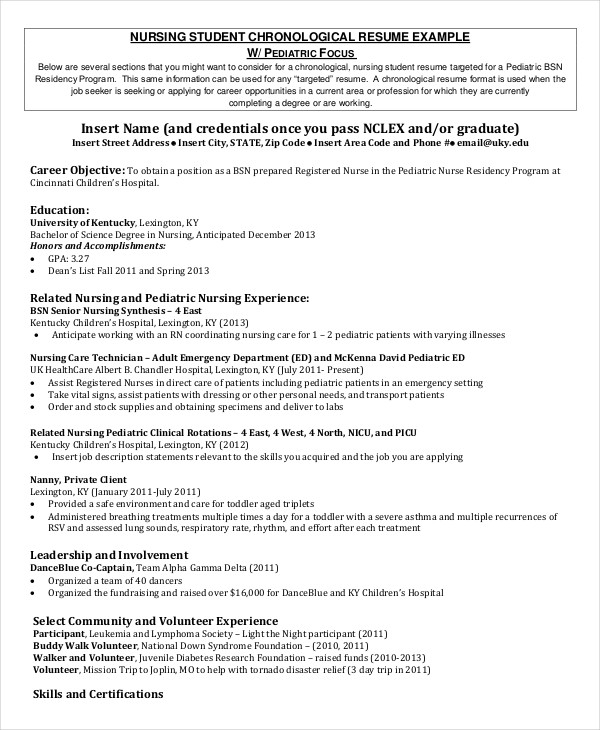 nursing student chronological resume