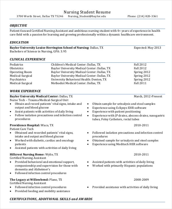 nursing school student resume template