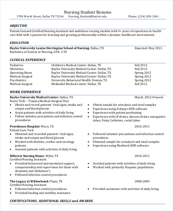 Nursing Student Resume Example 11 Free Word PDF