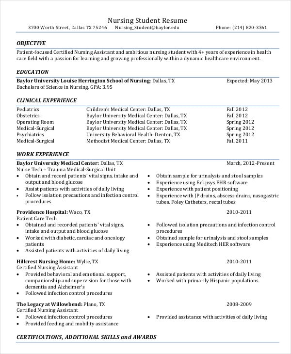 Nursing Student Resume Example 11 Free Word PDF Documents Download