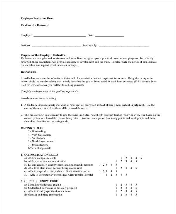 employee evaluation form for food service personnel