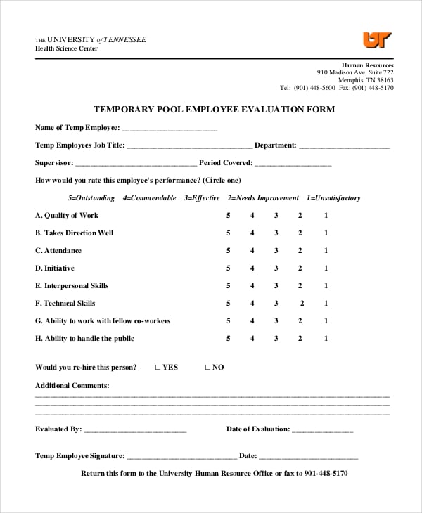 pool employee evaluation form template