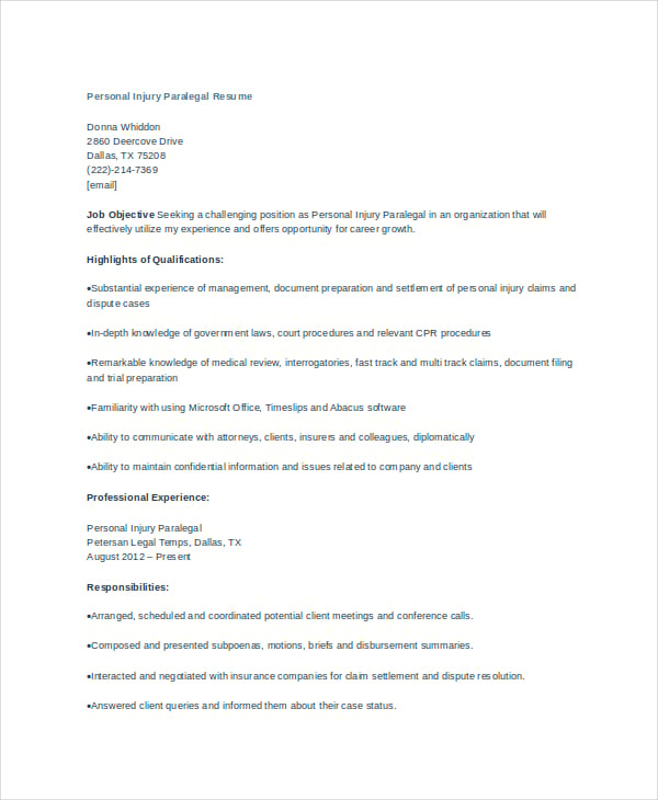free-personal-injury-paralegal-resume-template