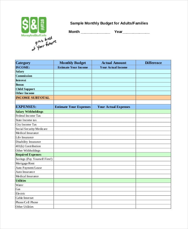 sample monthly budget for adults families