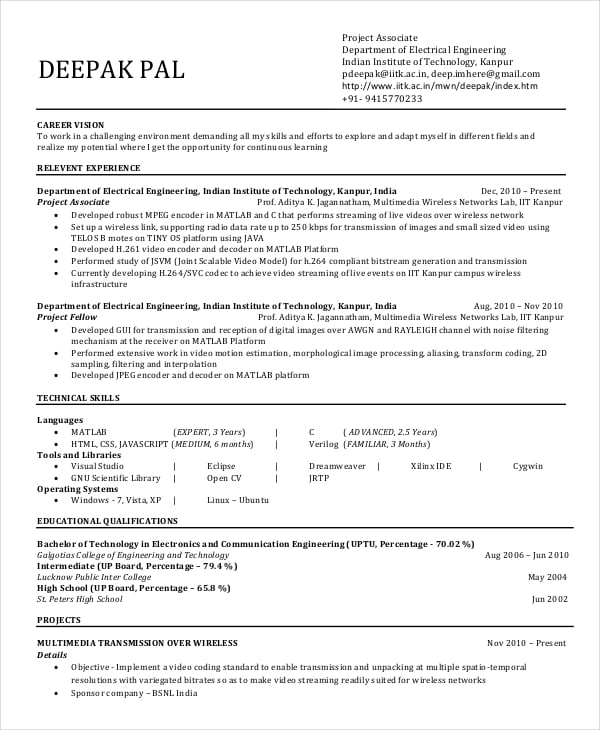 resume for engineering student