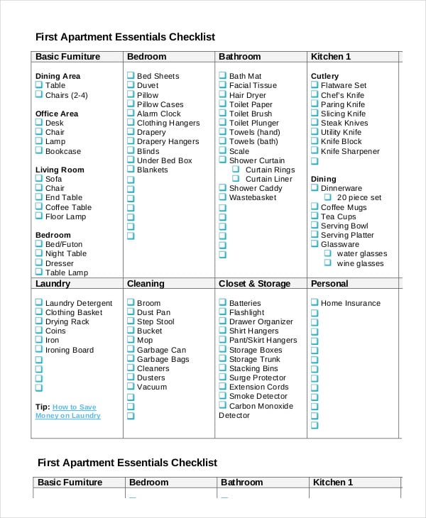 printable first apartment essentials checklist download