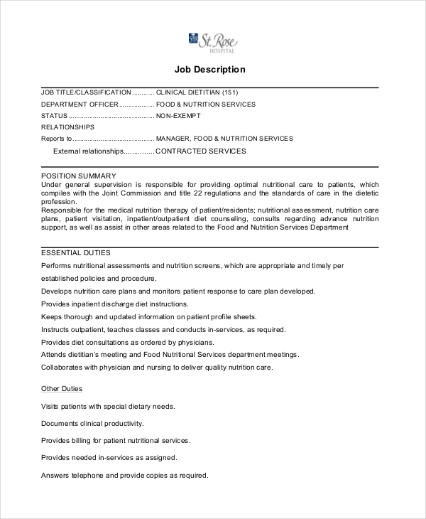 10+ Nutritionist Job Description Templates - PDF, DOC