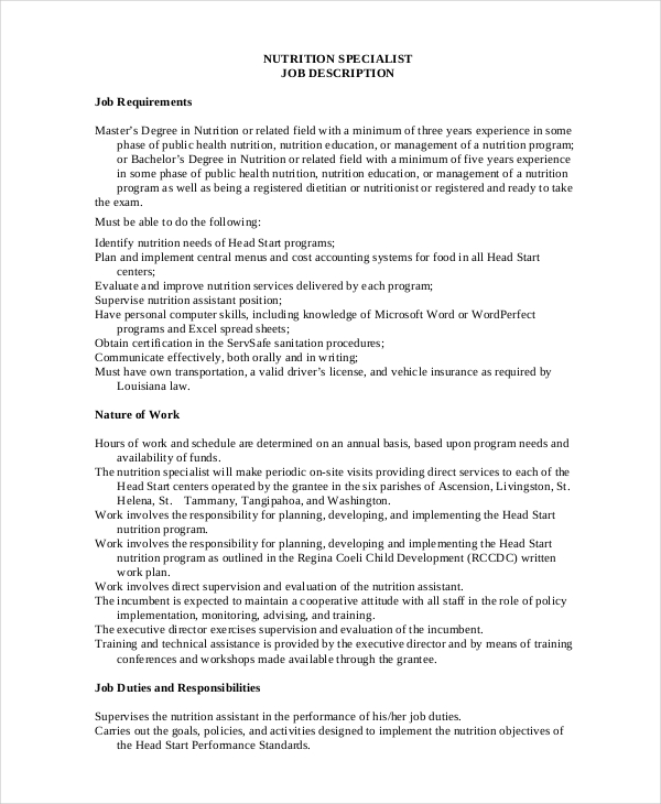10+ Nutritionist Job Description Templates PDF, DOC