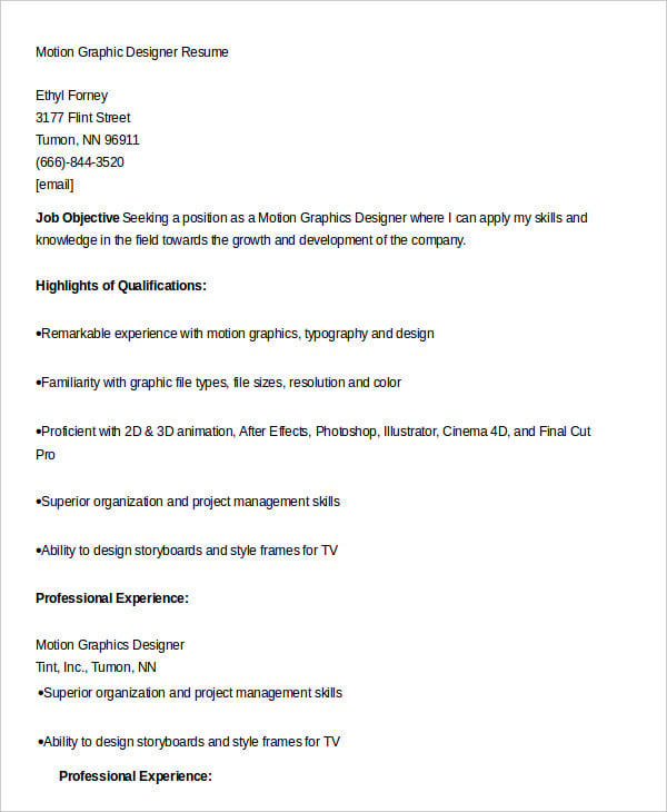 sample motion graphic designer resume