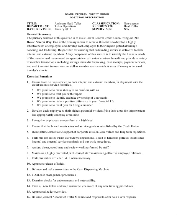 assistant head teller job description example