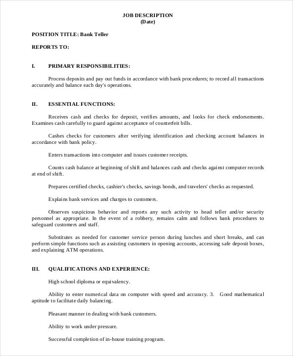 bank teller job description in pdf