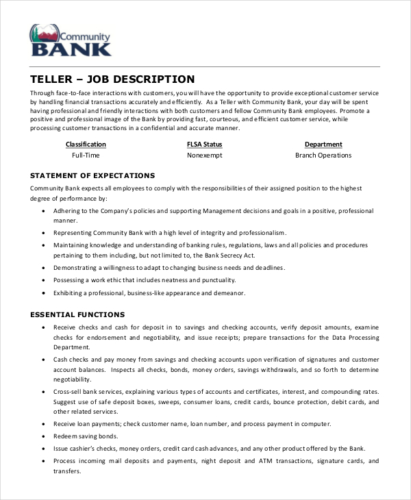 Teller Job Description Example 5+ Free PDF Documents Download
