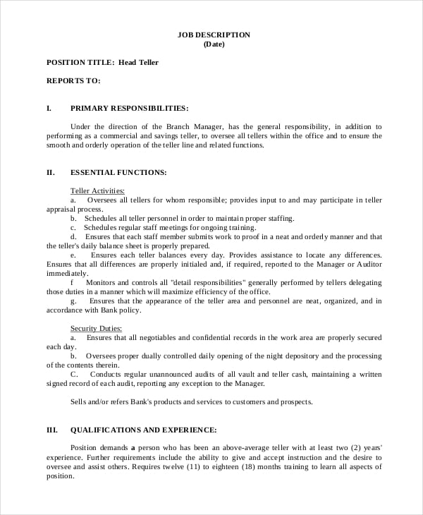 head teller job description example in pdf