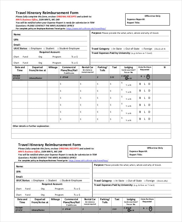 travel itinerary reimbursement form template download