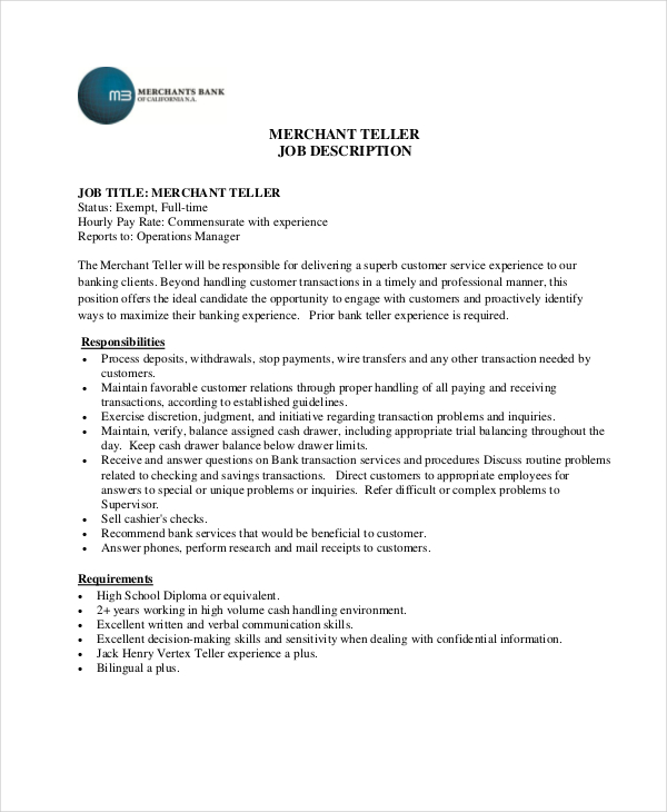 Teller Job Description Example 5+ Free PDF Documents Download