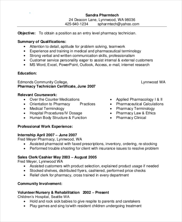 pharmacy technician resume template