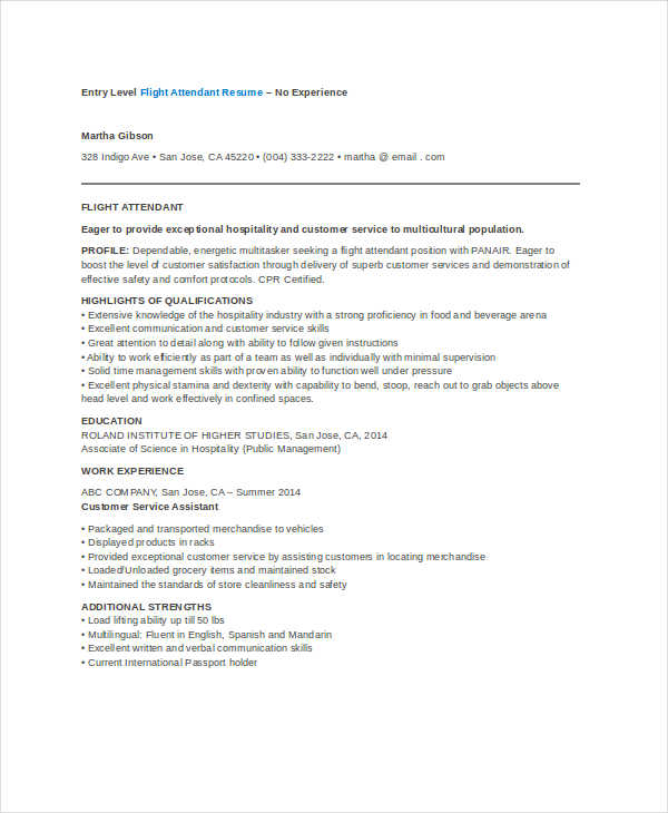 entry level flight attendant resume no experience