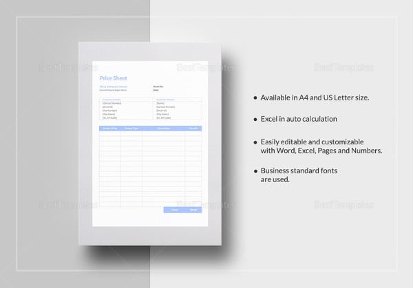 price sheet template in ipages