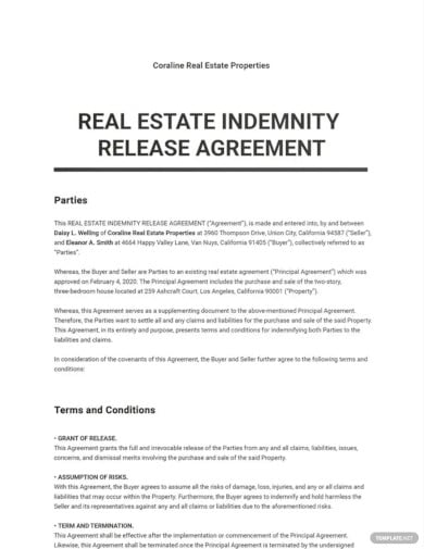real estate indemnity release agreement template