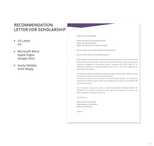 recommendation letter for scholarship template