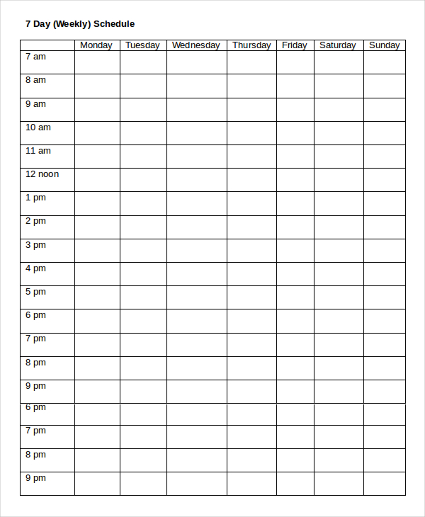 7 day weekly work schedule template