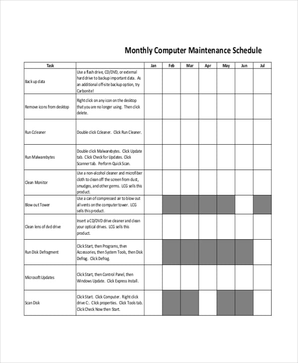 monthly computer maintenance schedule