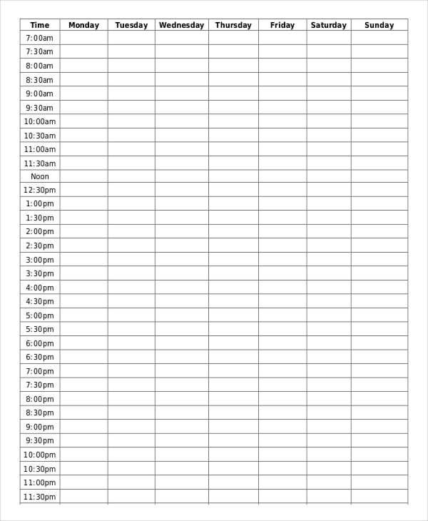 blank weekly schedule template