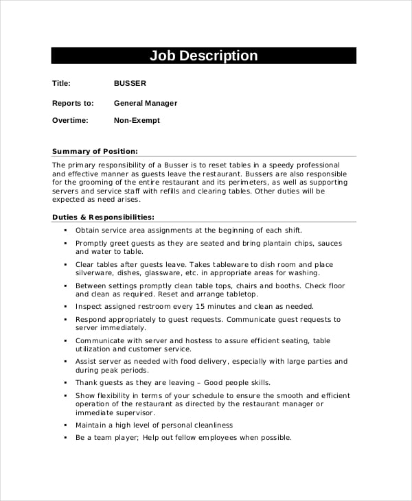 professsional busser job description template