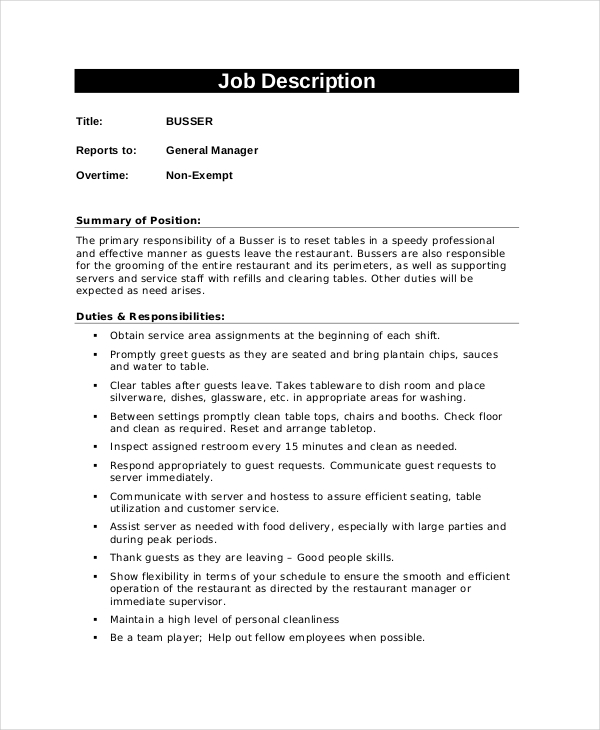 Busser Job Description Example 11+ Free PDF Documents Download