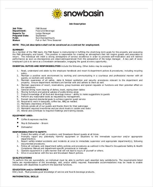 Busser Job Description Example 11+ Free PDF Documents Download