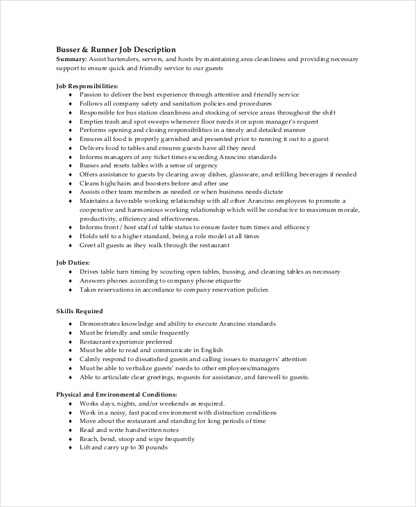 Busser Job Description Example 11+ Free PDF Documents Download