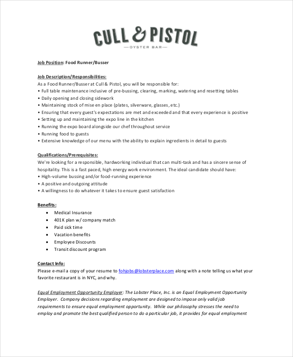 Busser Job Description Example 11+ Free PDF Documents Download