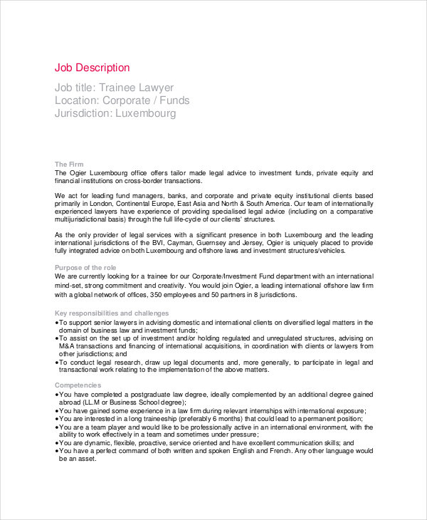 10+ Sample Lawyer Job Description Templates PDF, DOC