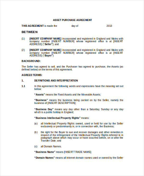 asset purchase sale agreement template