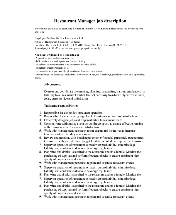 restaurant manager job description