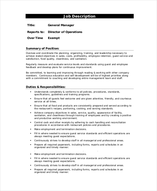 14+ Sample Manager Job Description Templates - PDF, DOC ...