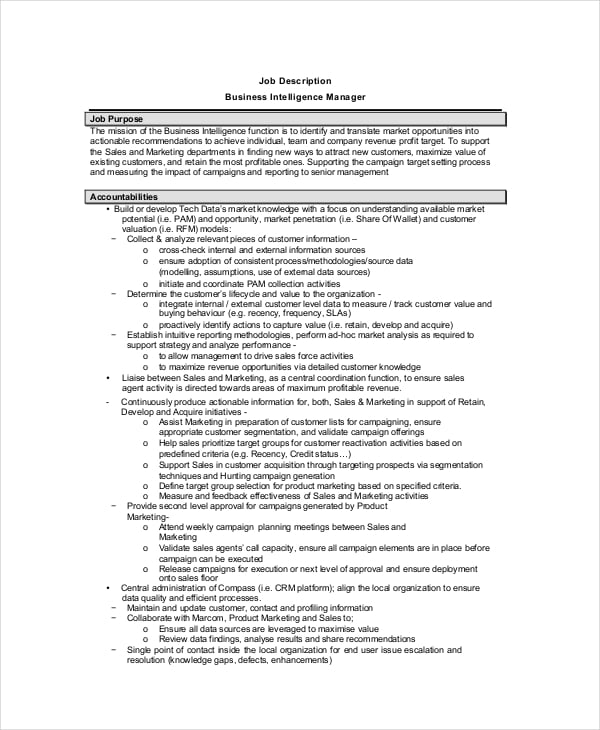 business intelligence manager job description