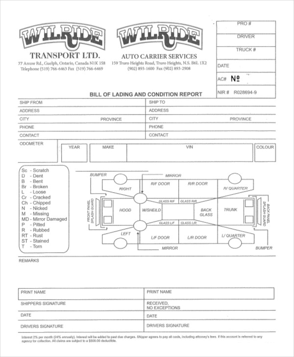 auto carrier bill of lading template
