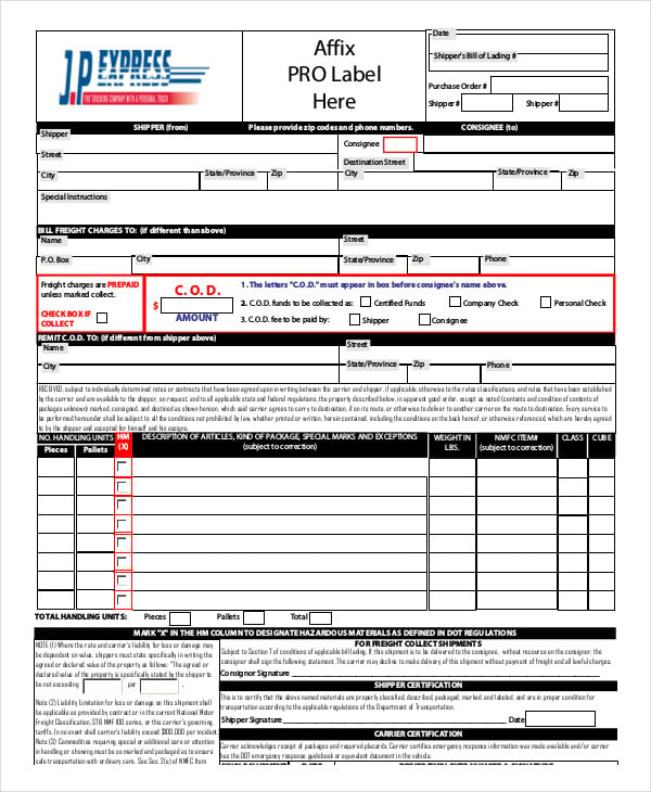 shippers bill of lading template