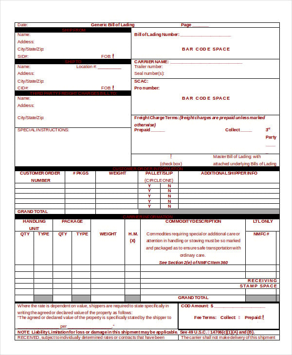 generic bill of lading template