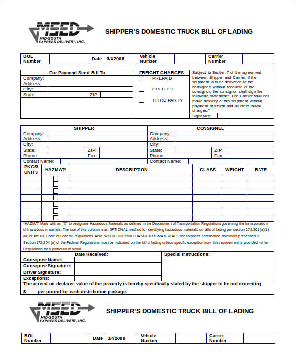 domestic truck bill of lading template