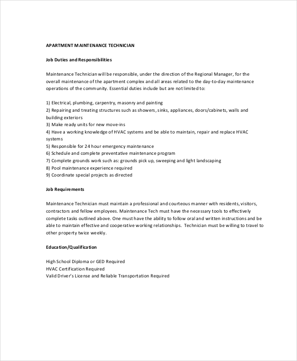 Maintenance Job Description 9 Free PDF Documents Download