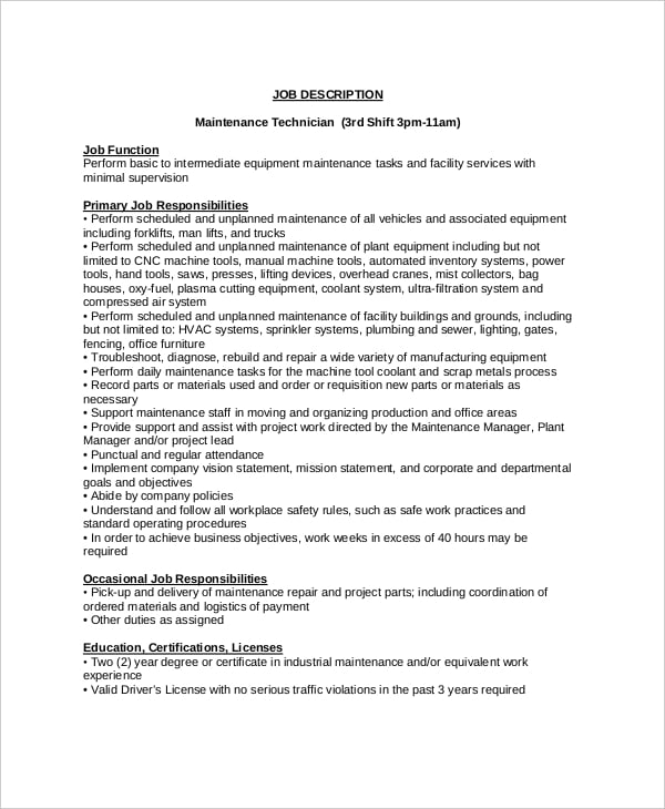 industrial maintenance technician job description
